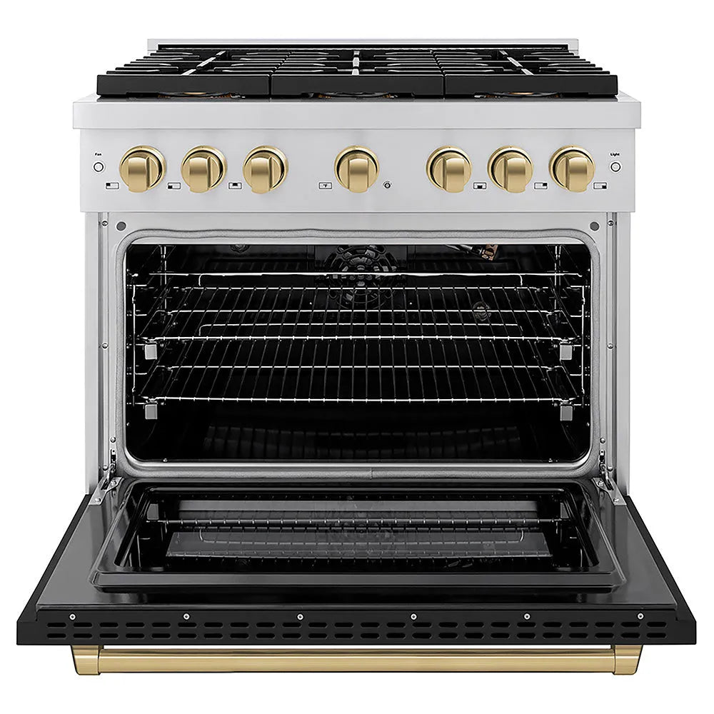 ZLINE Autograph Edition Paramount 36-inch range in black matte and champagne bronze accents PSDRZ-BLM-36-CB, front view