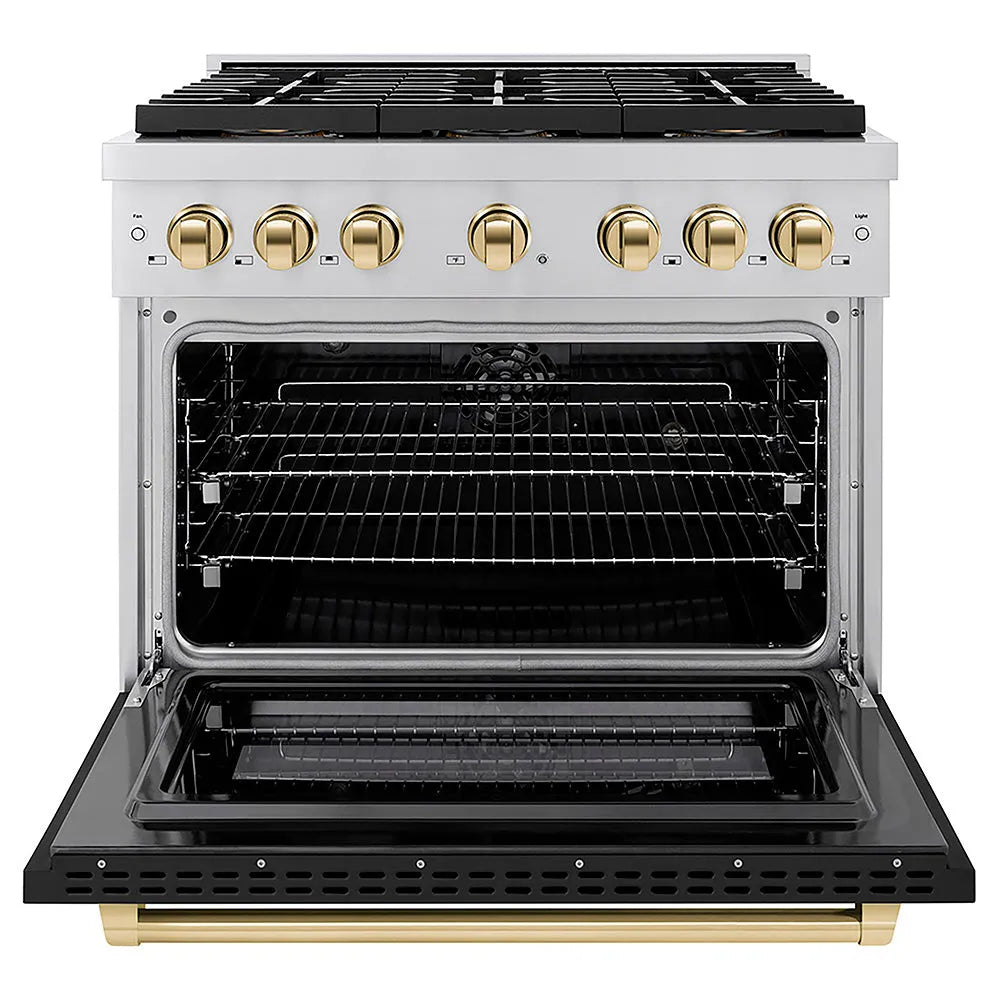 ZLINE Autograph Edition Paramount 36-inch range in black matte and polished gold accents PSDRZ-BLM-36-G, front view