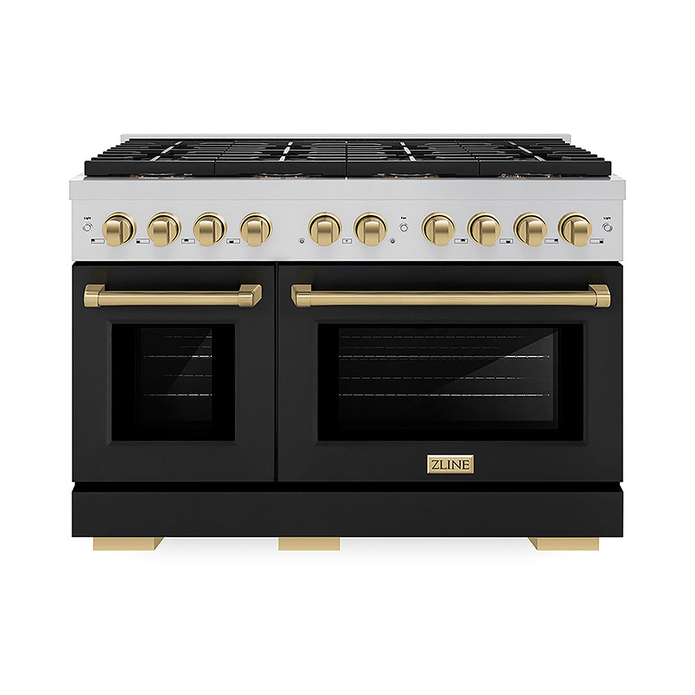 ZLINE Autograph Edition Paramount 48-inch range in black matte and champagne bronze accents PSDRZ-BLM-48-CB, front view