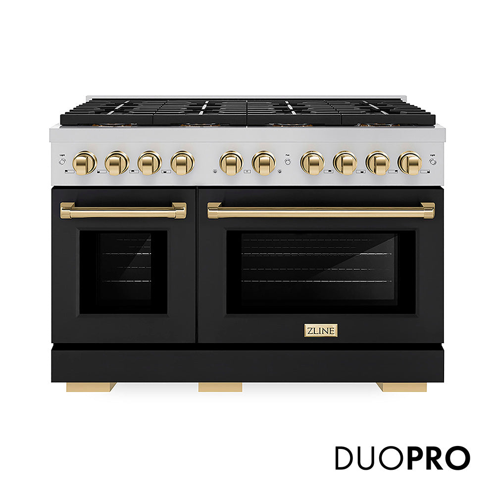 ZLINE Autograph Edition Paramount 48-inch range in black matte and polished gold accents PSDRZ-BLM-48-G