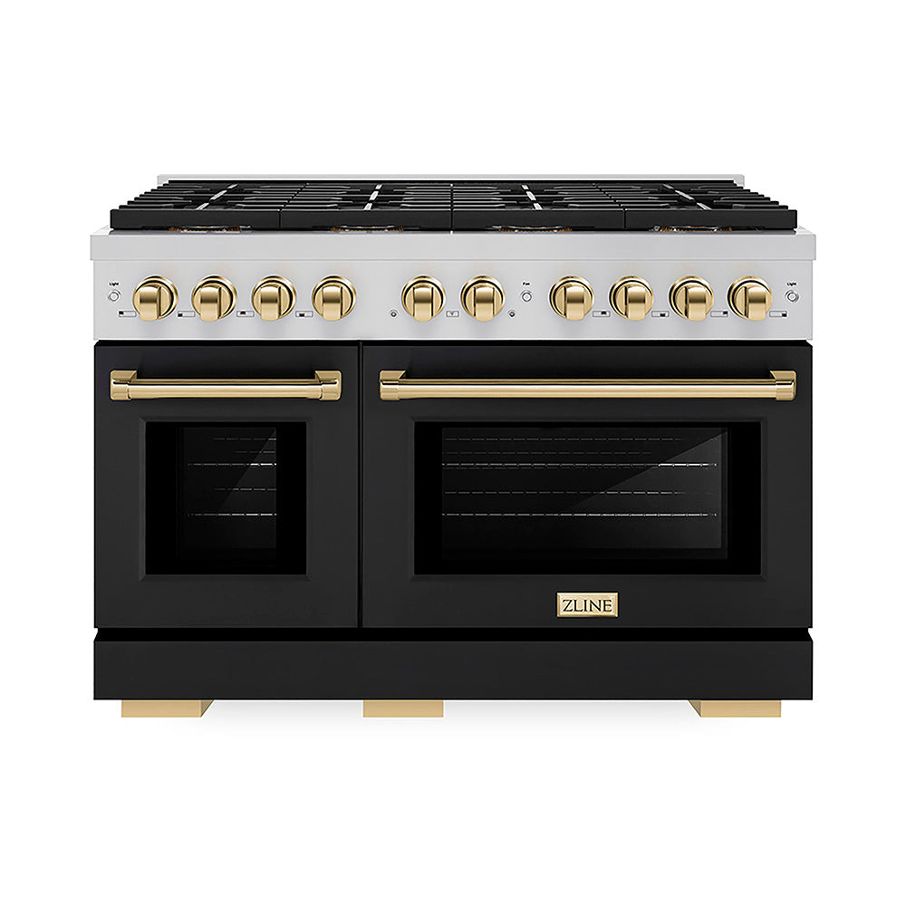 ZLINE Autograph Edition Paramount 48-inch range in black matte and polished gold accents PSDRZ-BLM-48-G, front view