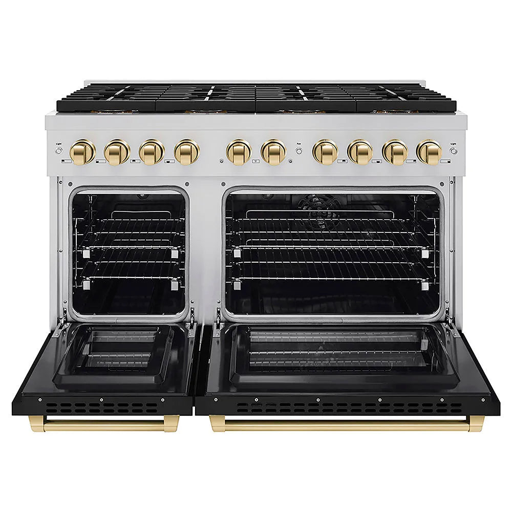 ZLINE Autograph Edition Paramount 48-inch range in black matte and polished gold accents PSDRZ-BLM-48-G, front view