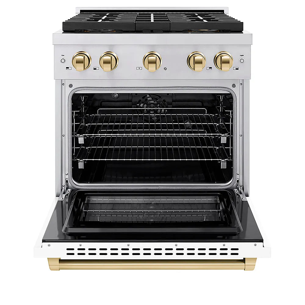 ZLINE Autograph Edition Paramount 30-inch range in stainless steel with white matte door and polished gold accents PSDRZ-WM-30-G, front view