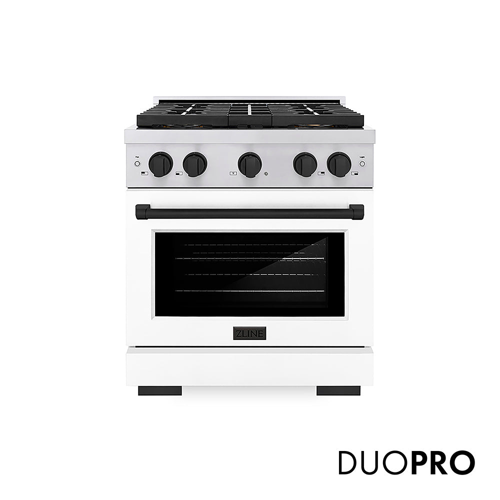 ZLINE Autograph Edition Paramount 30-inch range in stainless steel with white matte door and matte black accents PSDRZ-WM-30-MB