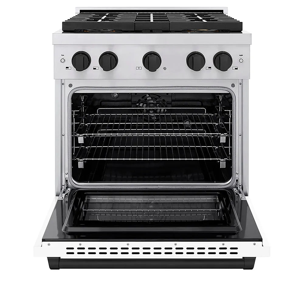 ZLINE Autograph Edition Paramount 30-inch range in stainless steel with white matte door and matte black accents PSDRZ-WM-30-MB, front view