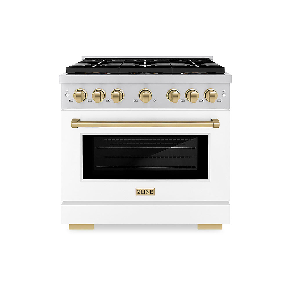 ZLINE Autograph Edition Paramount 36-inch range in white matte and champagne bronze accents PSDRZ-WM-36-CB, front view