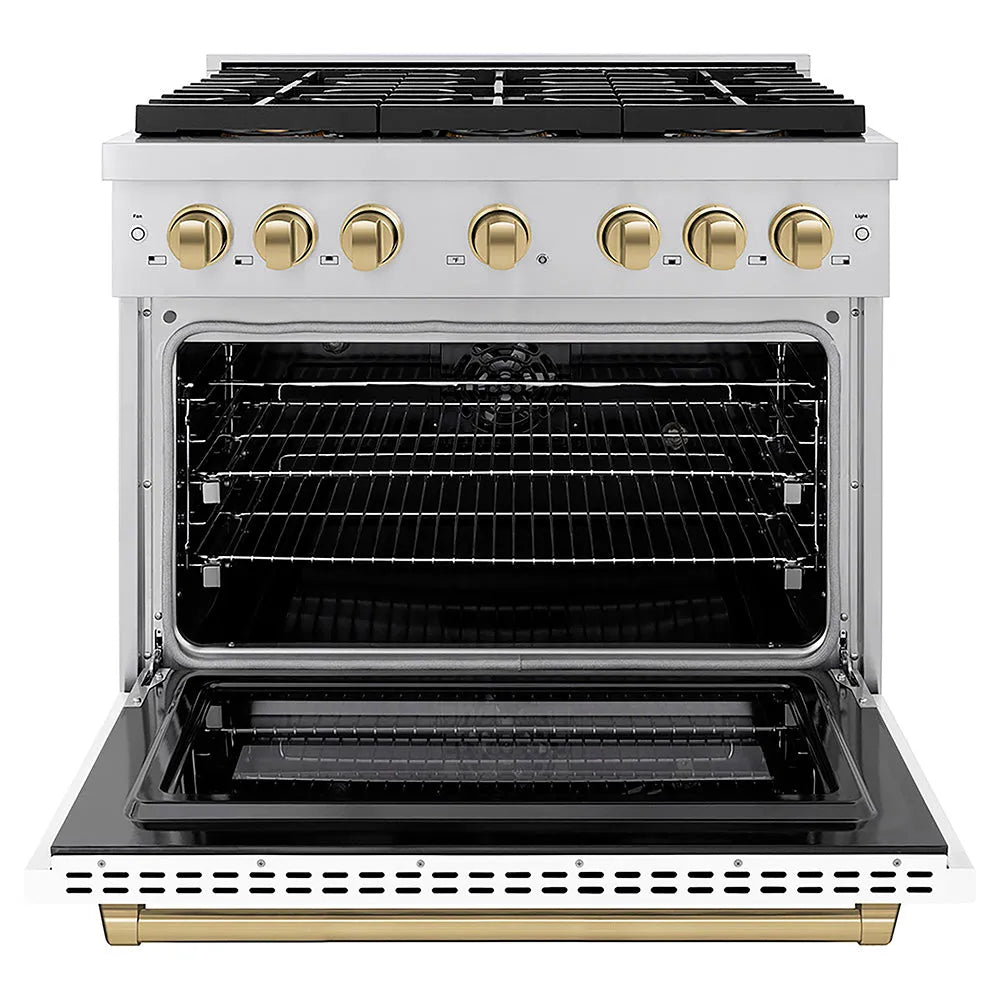 ZLINE Autograph Edition Paramount 36-inch range in white matte and champagne bronze accents PSDRZ-WM-36-CB, front view