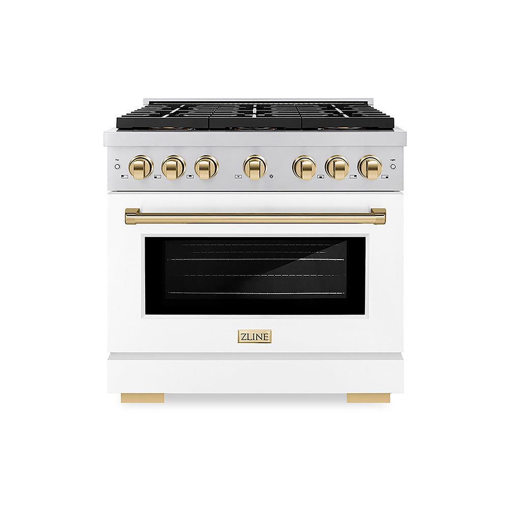 ZLINE Autograph Edition Paramount 36-inch range in white matte and polished gold accents PSDRZ-WM-36-G, front view
