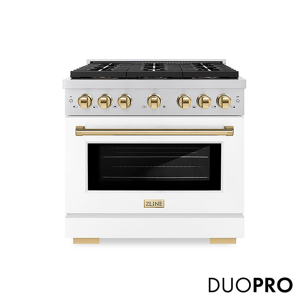 ZLINE Autograph Edition Paramount 36-inch range in white matte and polished gold accents PSDRZ-WM-36-G