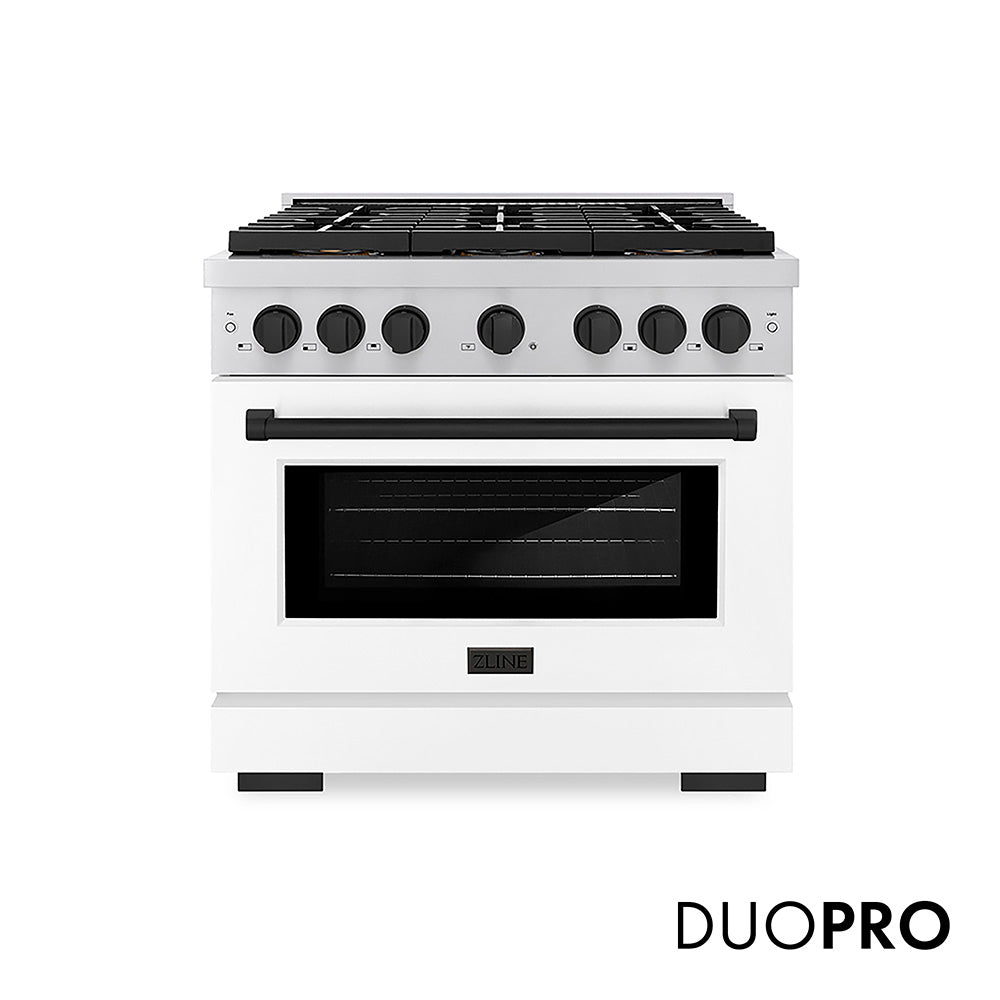 ZLINE Autograph Edition Paramount 36-inch range in white matte and matte black accents PSDRZ-WM-36-MB