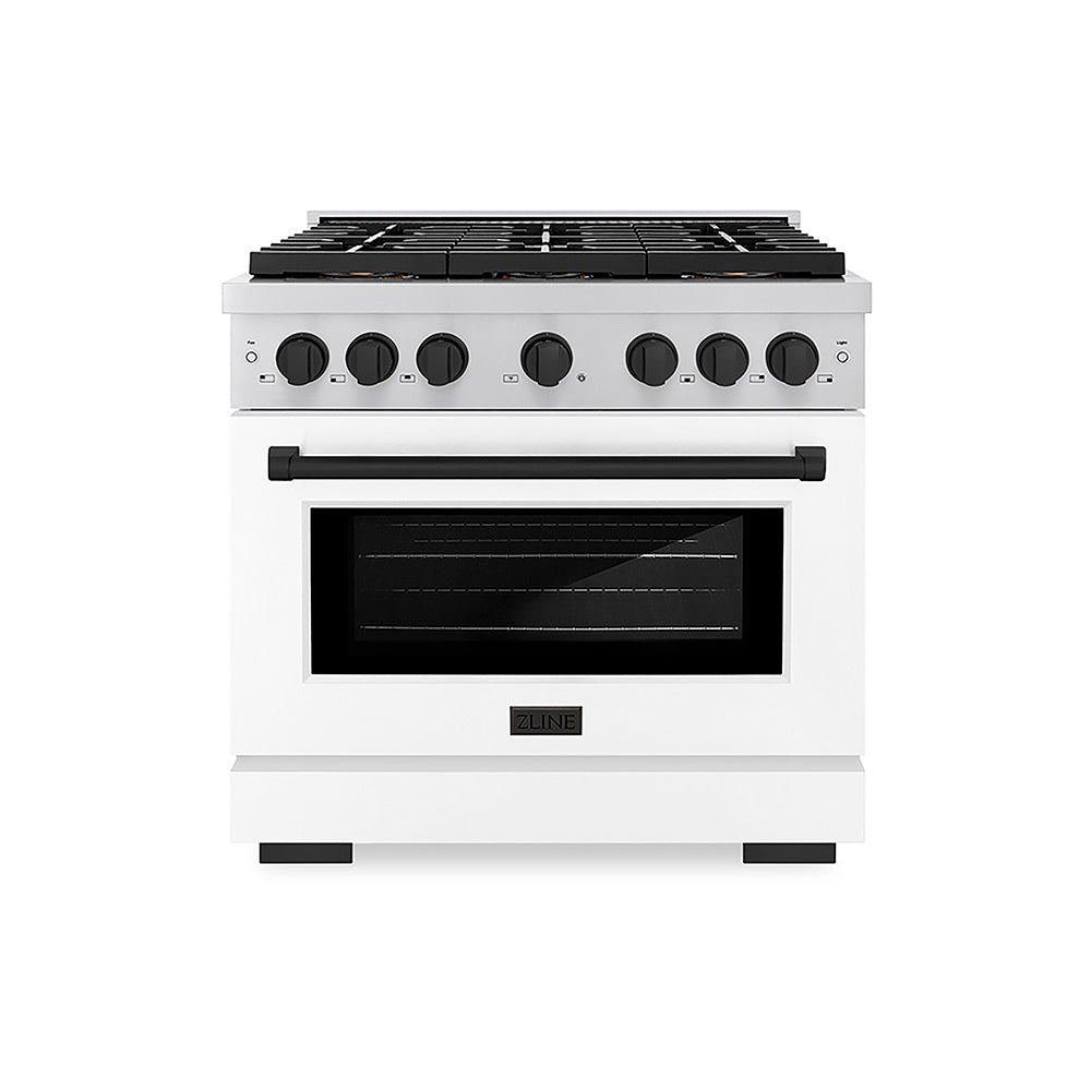 ZLINE Autograph Edition Paramount 36-inch range in white matte and matte black accents PSDRZ-WM-36-MB, front view