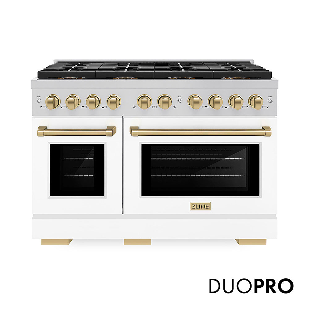 ZLINE Autograph Edition Paramount 48-inch range in white matte and champagne bronze accents PSDRZ-WM-48-CB