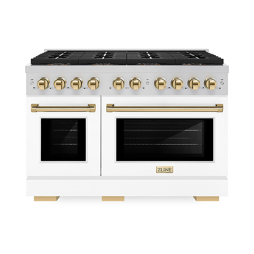 ZLINE Autograph Edition Paramount 48-inch range in white matte and polished gold accents PSDRZ-WM-48-G, front view