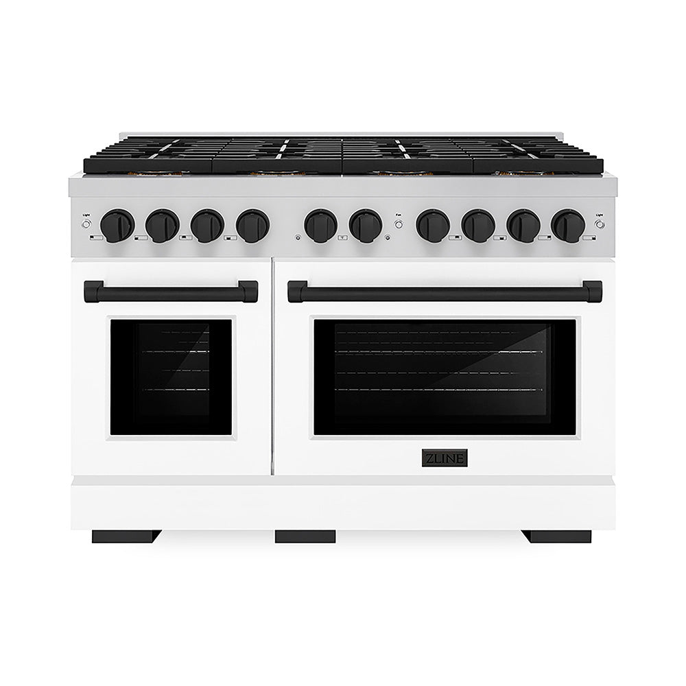 ZLINE Autograph Edition Paramount 48-inch range in white matte and matte black accents PSDRZ-WM-48-MB, front view