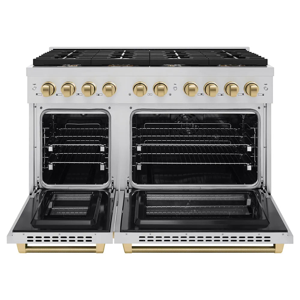 ZLINE Autograph Edition Paramount 48-inch range in stainless steel and champagne bronze accents SDRZ-48-KCB, front view