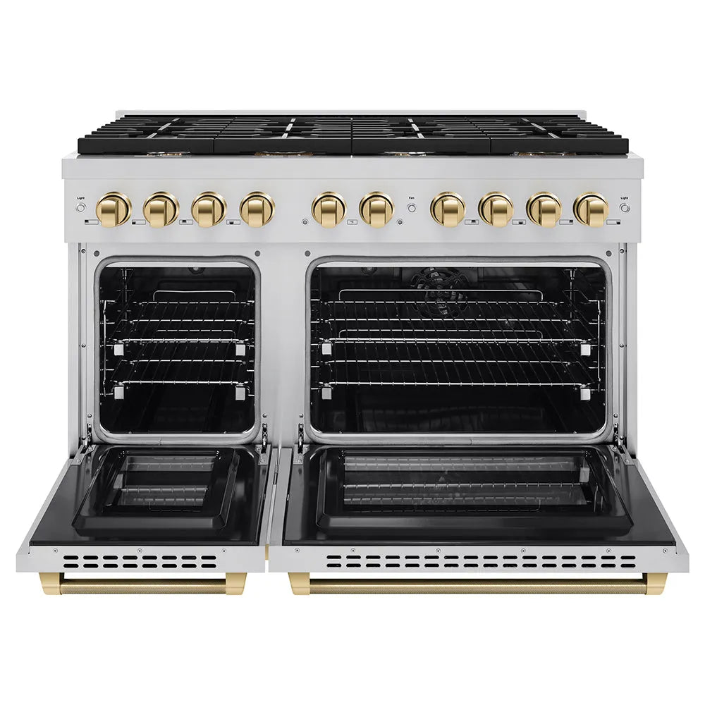ZLINE Autograph Edition Paramount 48-inch range in stainless steel and polished gold accents SDRZ-48-KG, front view