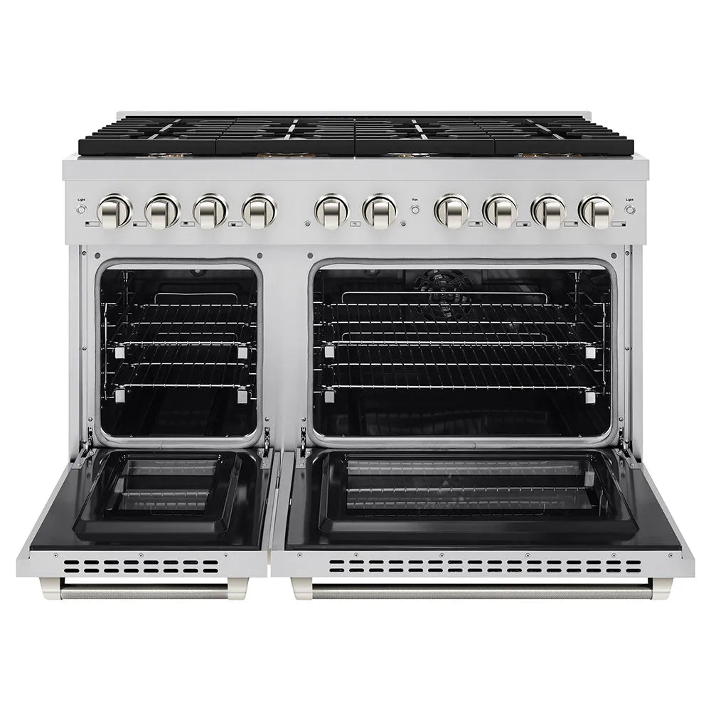 ZLINE Autograph Edition Paramount 48-inch range in stainless steel and polished nickel accents SDRZ-48-KPN, front view