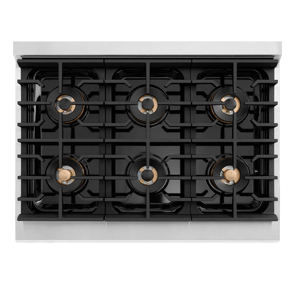 ZLINE Autograph Edition Paramount 36-inch range in stainless steel and champagne bronze accents PSDRZ-36-KCB, from above