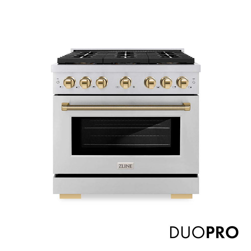 ZLINE Autograph Edition Paramount 36-inch range in stainless steel and polished gold accents PSDRZ-36-KG