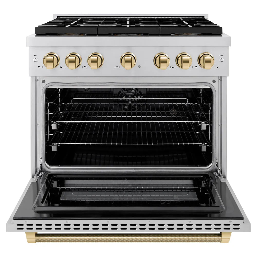ZLINE Autograph Edition Paramount 36-inch range in stainless steel and polished gold accents PSDRZ-36-KG, front view