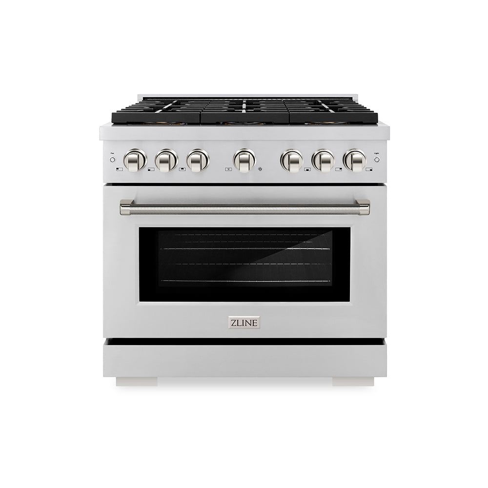 ZLINE Autograph Edition Paramount 36-inch range in stainless steel and polished nickel accents PSDRZ-36-KPN, front view