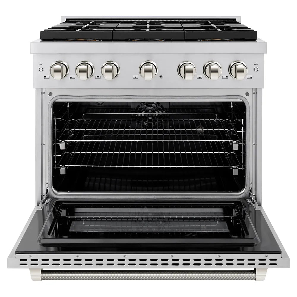ZLINE Autograph Edition Paramount 36-inch range in stainless steel and polished nickel accents PSDRZ-36-KPN, front view