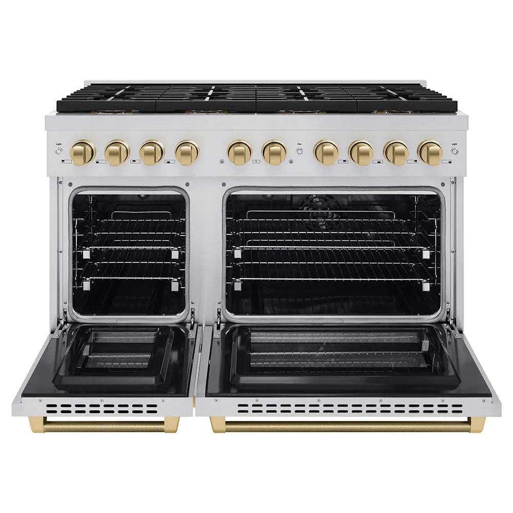 ZLINE Autograph Edition Paramount 48-inch range in stainless steel and champagne bronze accents PSDRZ-48-KCB, front view