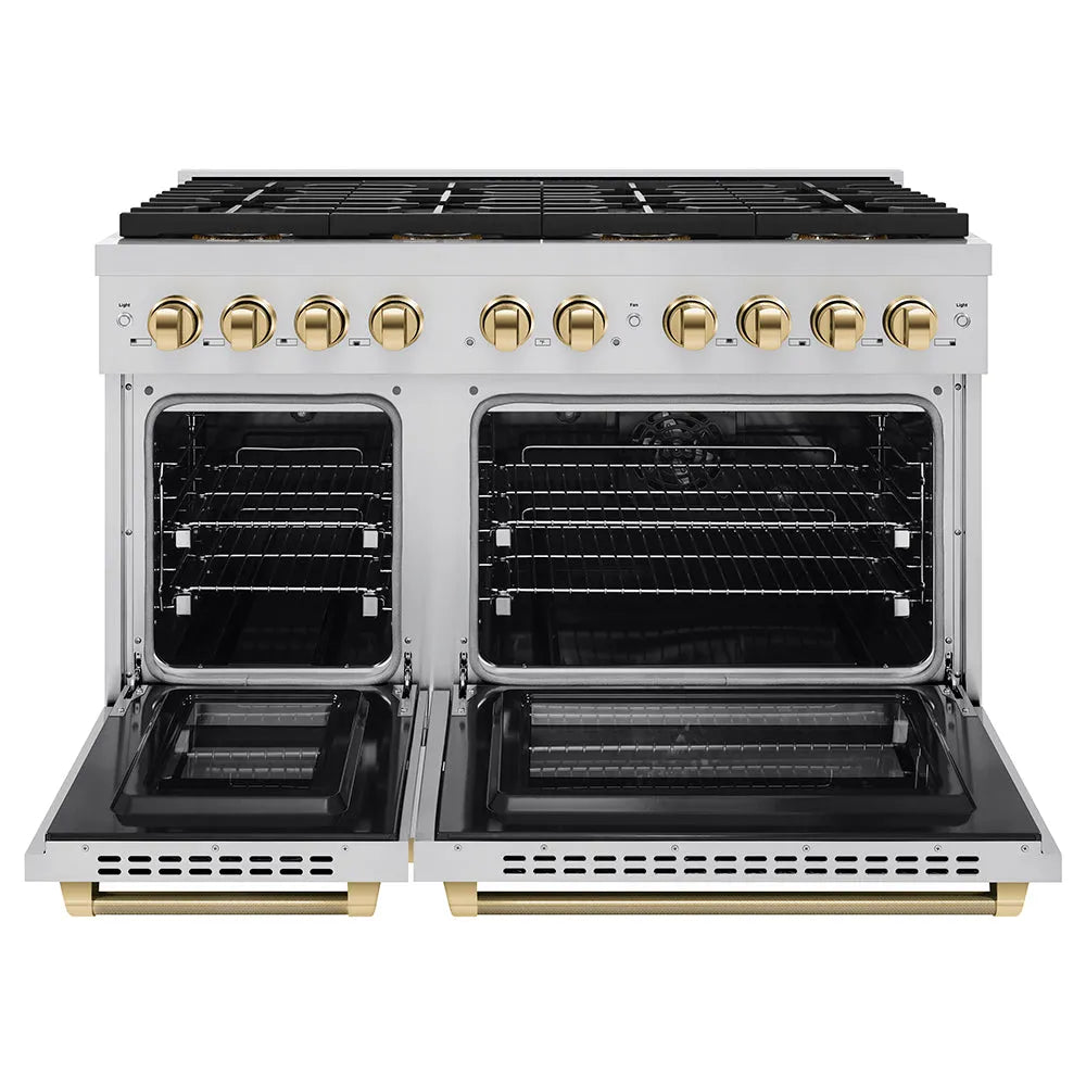 ZLINE Autograph Edition Paramount 48-inch range in stainless steel and polished gold accents PSDRZ-48-KG, front view