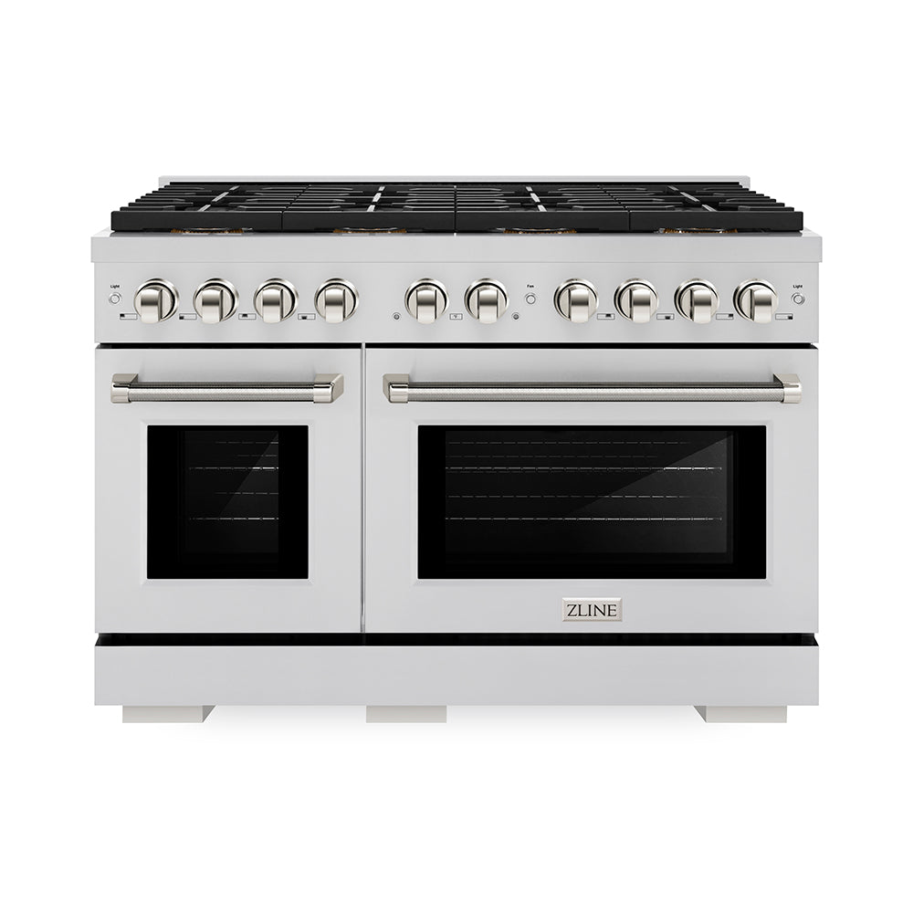 ZLINE Autograph Edition Paramount 48-inch range in stainless steel and polished nickel accents PSDRZ-48-KPN, front view