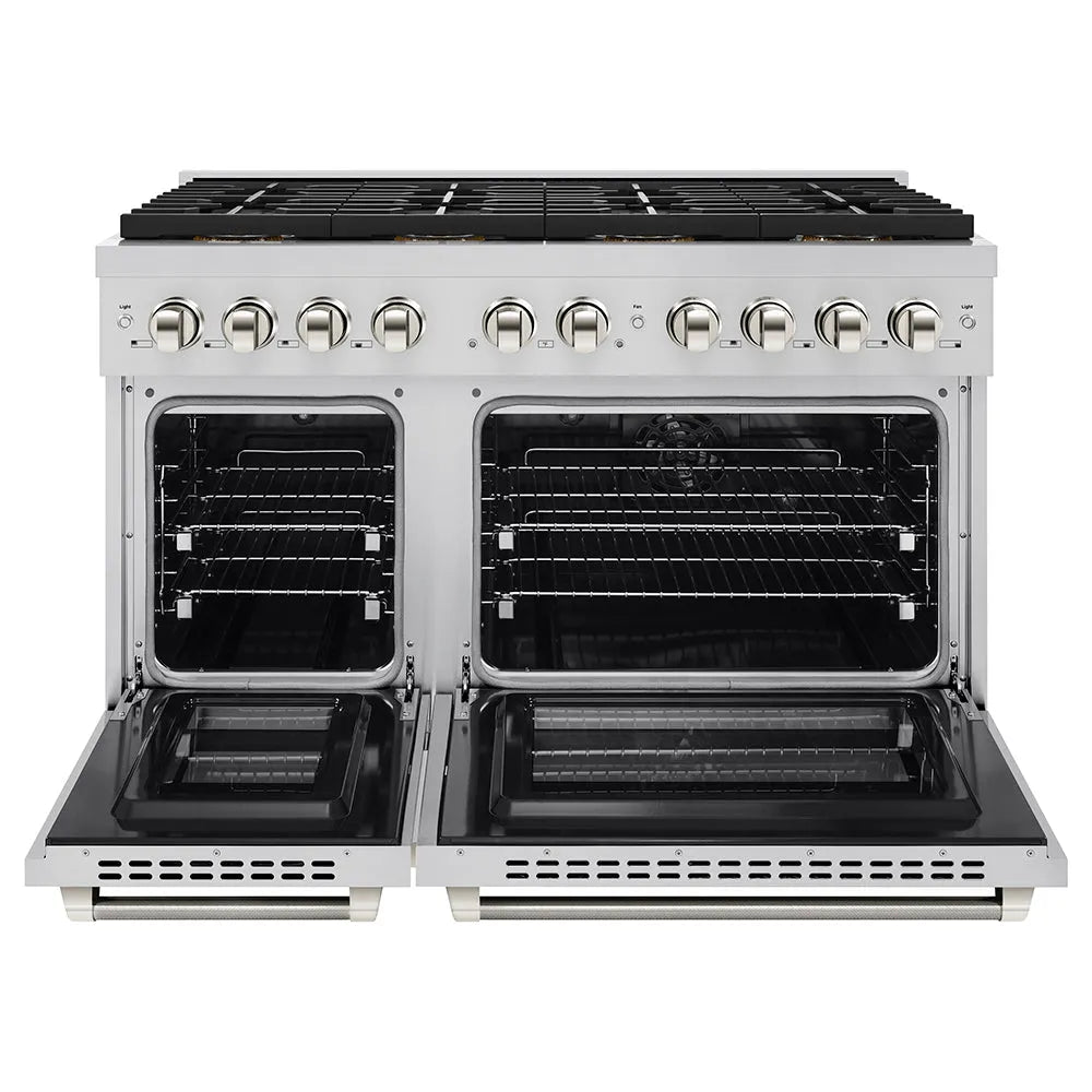 ZLINE Autograph Edition Paramount 48-inch range in stainless steel and polished nickel accents PSDRZ-48-KPN, front view