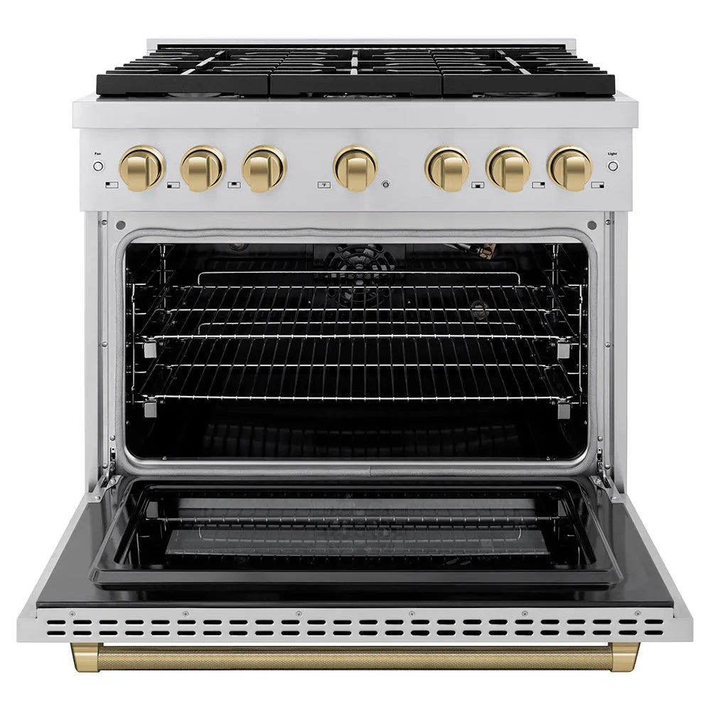 ZLINE Autograph Edition Paramount 36-inch range in stainless steel and champagne bronze accents SGRZ-36-KCB, front view