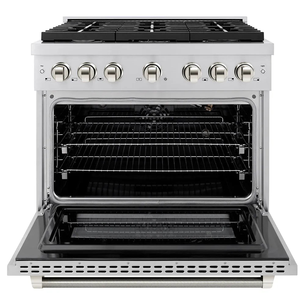 ZLINE Autograph Edition Paramount 36-inch range in stainless steel and polished nickel accents SGRZ-36-KPN, front view
