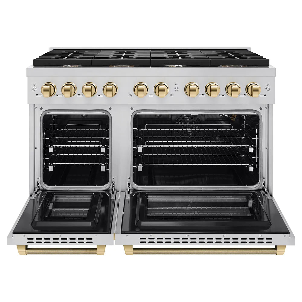 ZLINE Autograph Edition Paramount 48-inch range in stainless steel and polished gold accents SGRZ-48-KG, front view