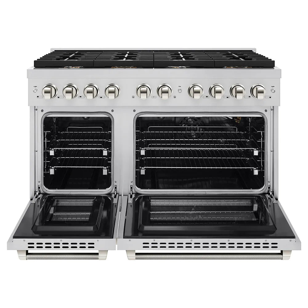 ZLINE Autograph Edition Paramount 48-inch range in stainless steel and polished nickel accents SGRZ-48-KPN, front view