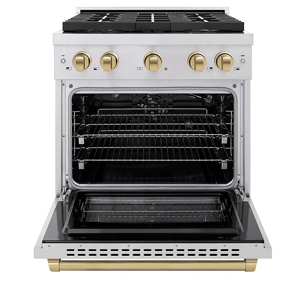 ZLINE Autograph Edition Paramount 30-inch range in stainless steel and champagne bronze accents PSGRZ-30-CB, front view