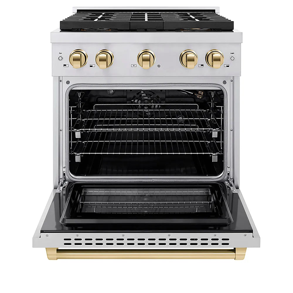 ZLINE Autograph Edition Paramount 30-inch range in stainless steel and polished gold accents PSGRZ-30-G, front view