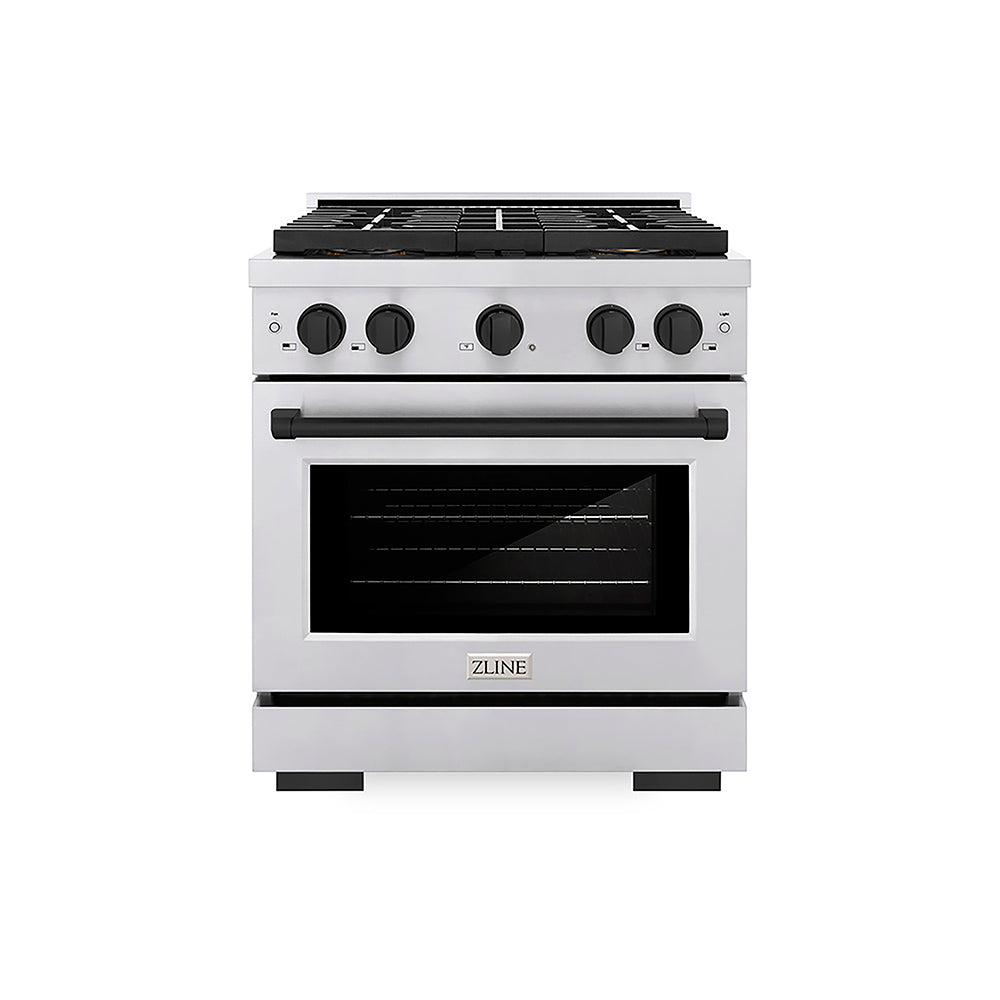 ZLINE Autograph Edition Paramount 30-inch range in stainless steel and matte black accents PSGRZ-30-MB, front view