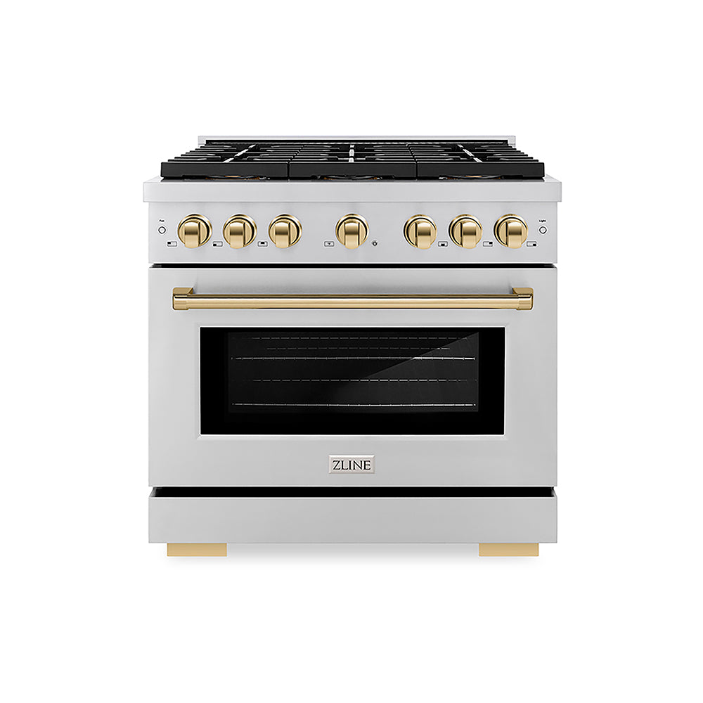 ZLINE Autograph Edition Paramount 36-inch range in stainless steel and polished gold accents PSGRZ-36-G, front view