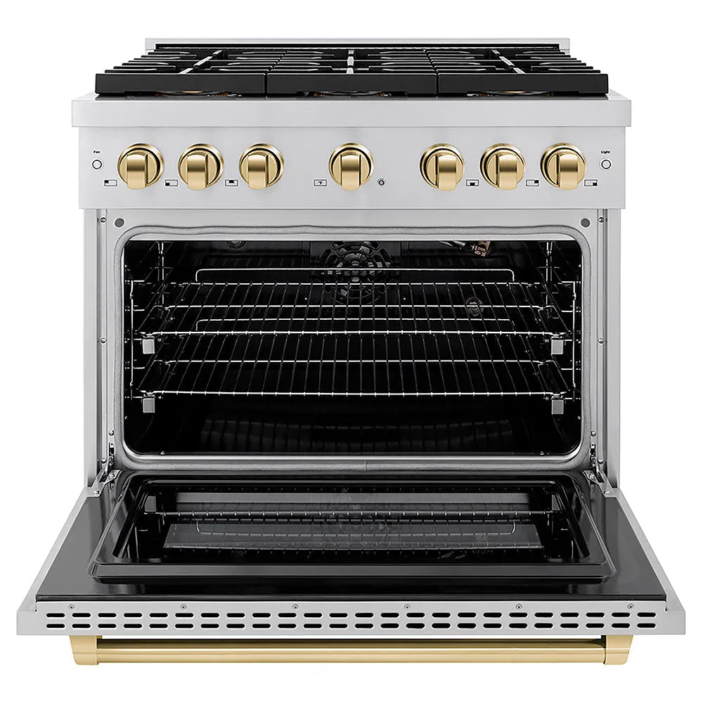 ZLINE Autograph Edition Paramount 36-inch range in stainless steel and polished gold accents PSGRZ-36-G, front view
