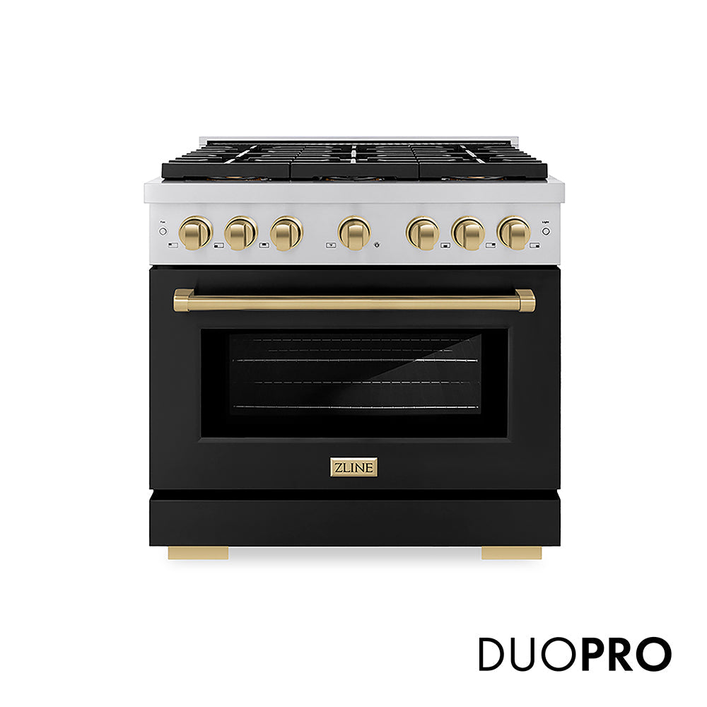 ZLINE Autograph Edition Paramount 36-inch range in black matte and champagne bronze accents PSGRZ-BLM-36-CB