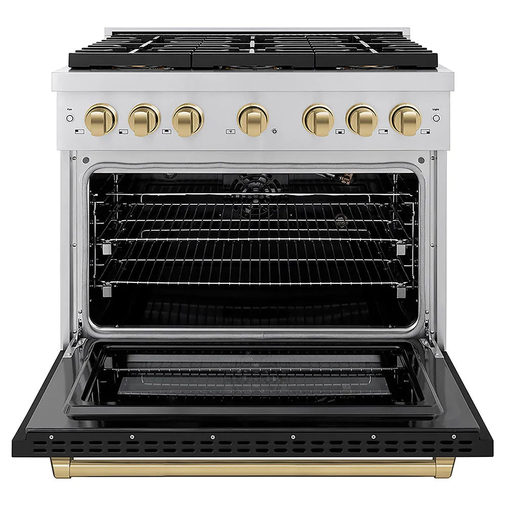 ZLINE Autograph Edition Paramount 36-inch range in black matte and champagne bronze accents PSGRZ-BLM-36-CB, front view