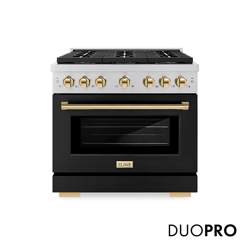 ZLINE Autograph Edition Paramount 36-inch range in black matte and polished gold accents PSGRZ-BLM-36-G