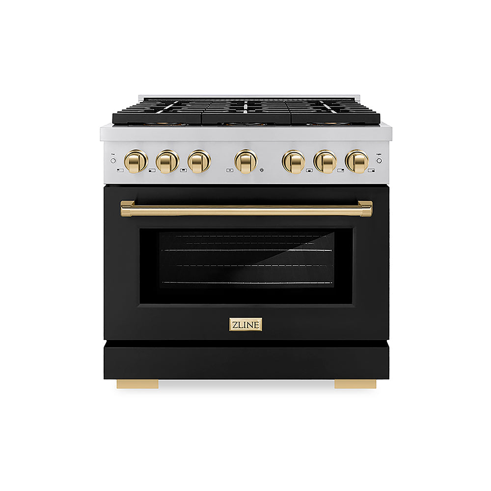 ZLINE Autograph Edition Paramount 36-inch range in black matte and polished gold accents PSGRZ-BLM-36-G, front view