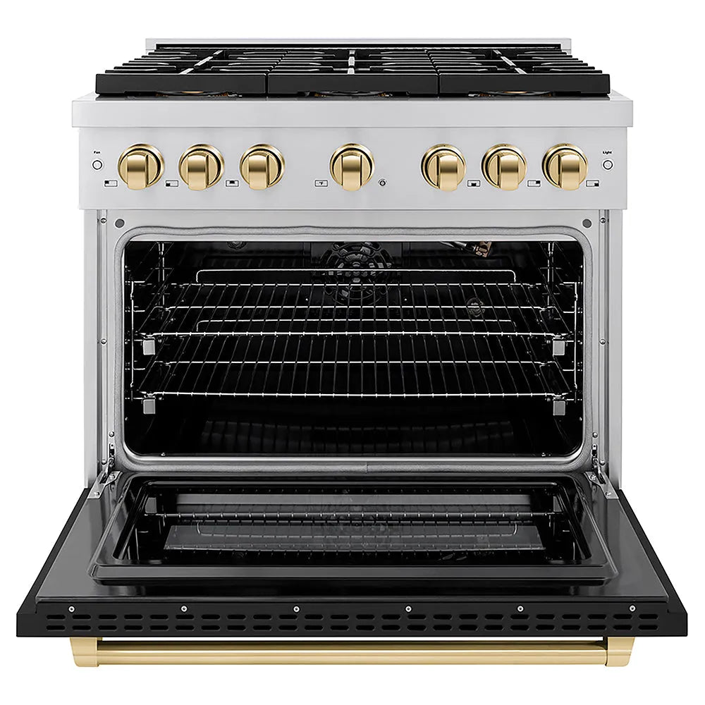 ZLINE Autograph Edition Paramount 36-inch range in black matte and polished gold accents PSGRZ-BLM-36-G, front view