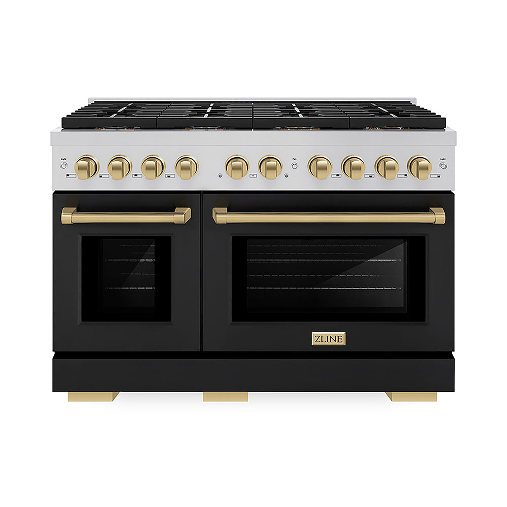 ZLINE Autograph Edition Paramount 48-inch range in black matte and champagne bronze accents PSGRZ-BLM-48-CB, front view