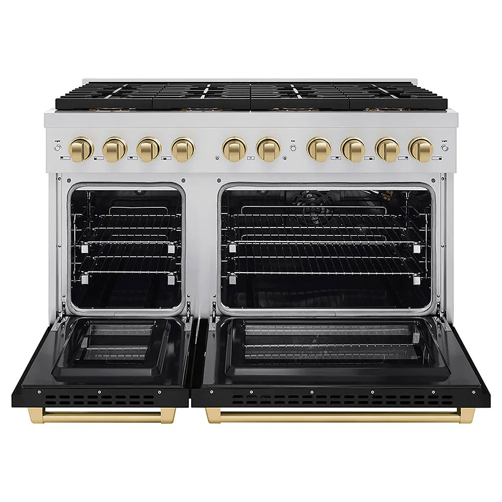 ZLINE Autograph Edition Paramount 48-inch range in black matte and champagne bronze accents PSGRZ-BLM-48-CB, front view