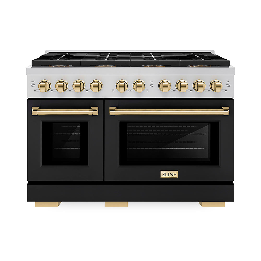 ZLINE Autograph Edition Paramount 48-inch range in black matte and polished gold accents PSGRZ-BLM-48-G, front view