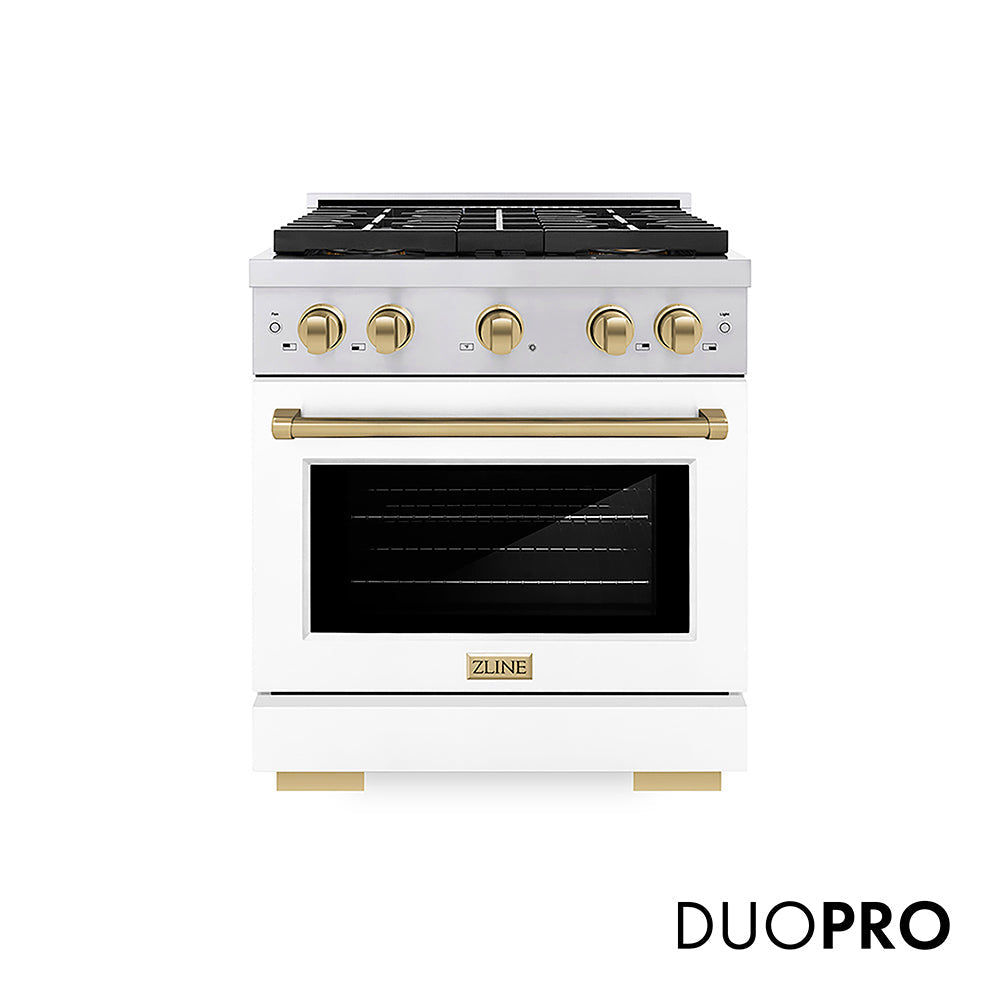 ZLINE Autograph Edition Paramount 30-inch range in stainless steel with white matte door and champagne bronze accents PSGRZ-WM-30-CB