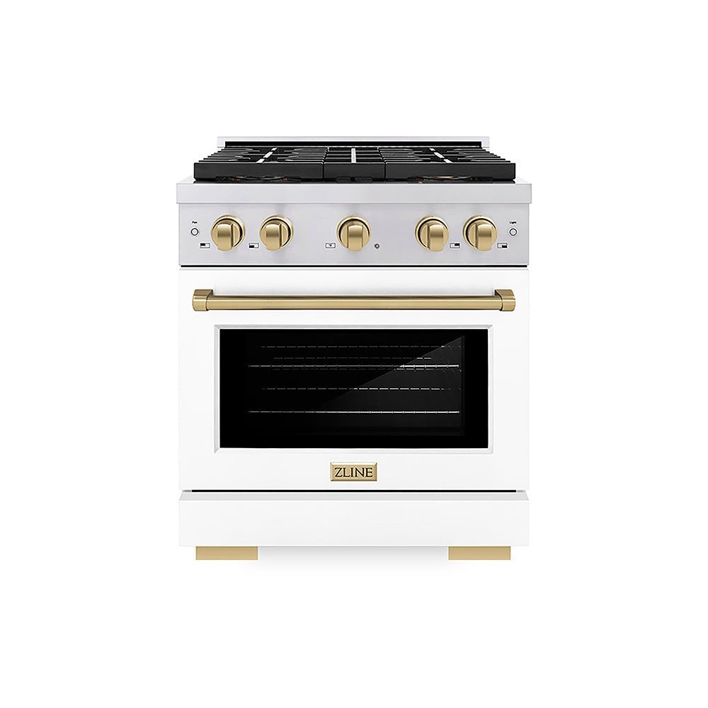 ZLINE Autograph Edition Paramount 30-inch range in stainless steel with white matte door and champagne bronze accents PSGRZ-WM-30-CB, front view