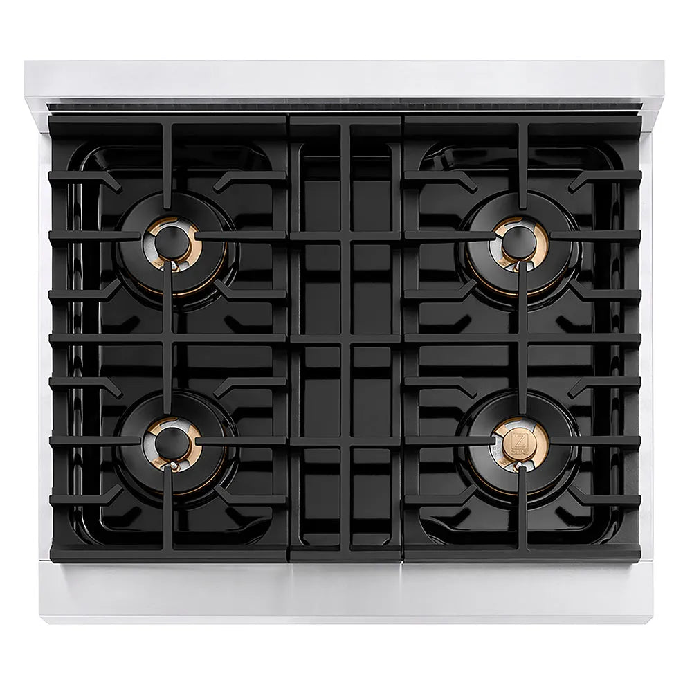 ZLINE Autograph Edition Paramount 30-inch range in stainless steel with white matte door and champagne bronze accents PSGRZ-WM-30-CB, from above